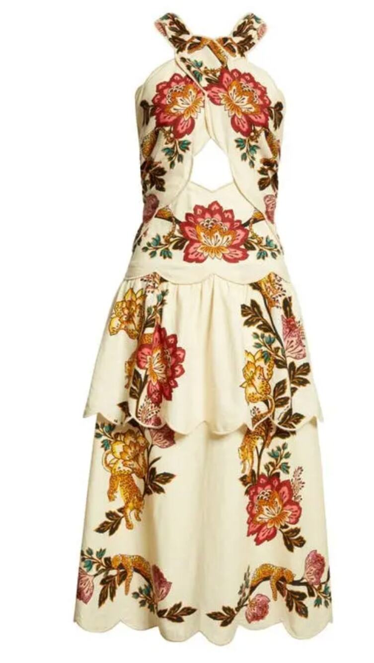 NWOT FARM Rio Leopard Flowers Print Cutout Detail Linen Blend Dress size Medium